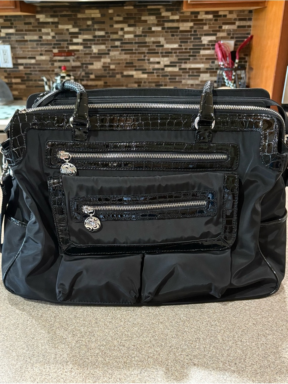 Brighton Maxwell Smart Black Tech Tote with Croc-Trim and Silver Hardware